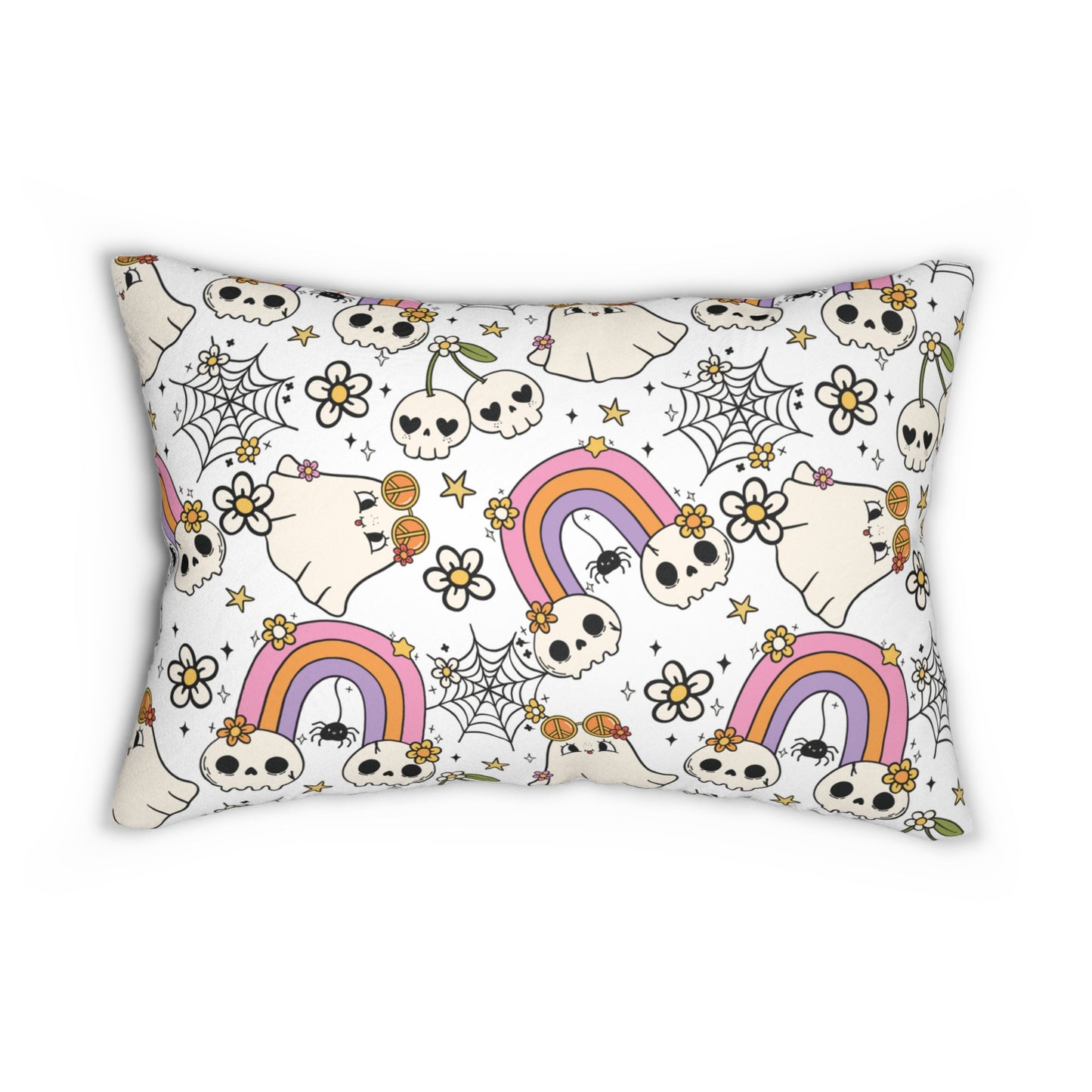 Cute Ghost and Pastel Skulls Lumbar Pillow, Halloween Decorative Cushion, Spooky Home Decor, Halloween Gift, Witchy Sofa Pillow