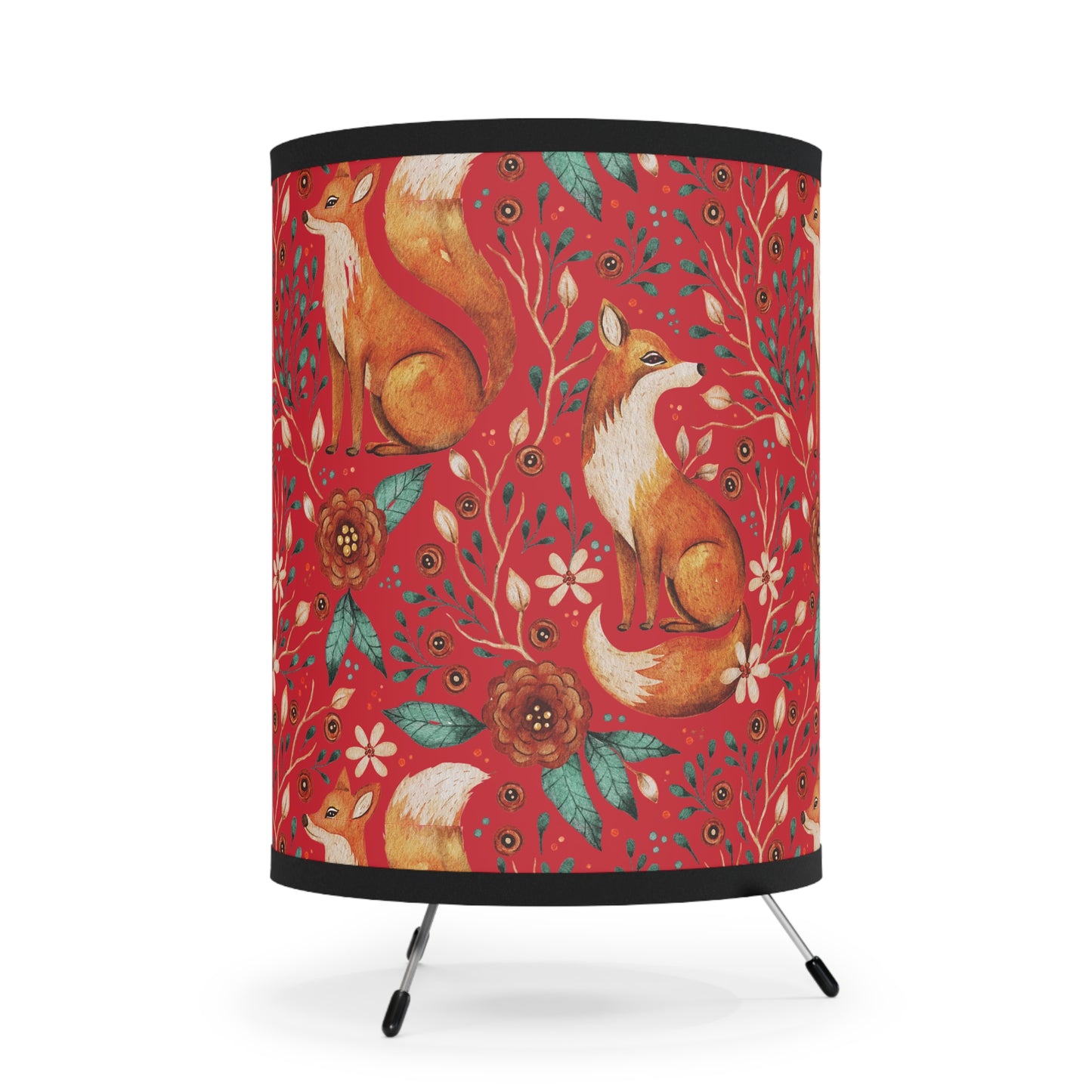 Whimsical Fox Tripod Lamp - High-Res Printed Shade for Cozy Decor - Deep Red