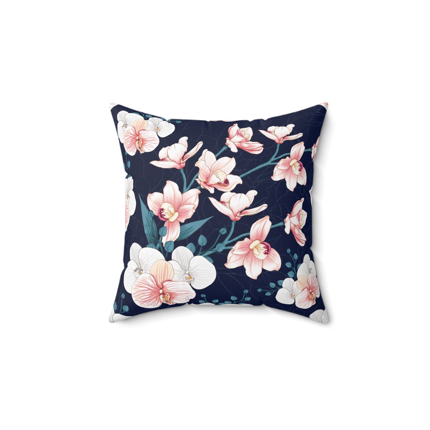 Square Accent Throw Pillow - Peachy White and Pink Orchid Blossoms on Indigo Background