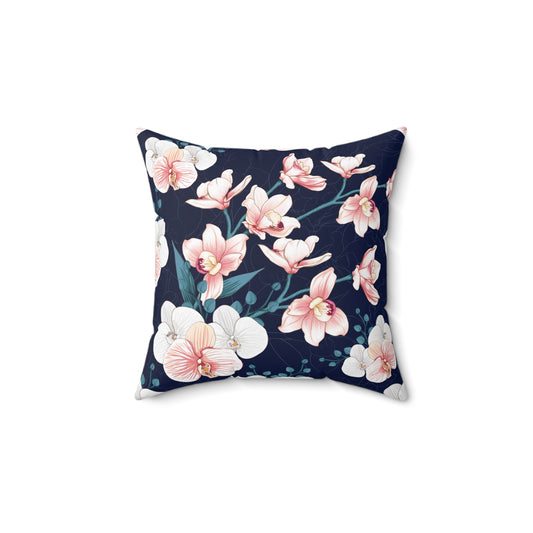 Square Accent Throw Pillow - Peachy White and Pink Orchid Blossoms on Indigo Background