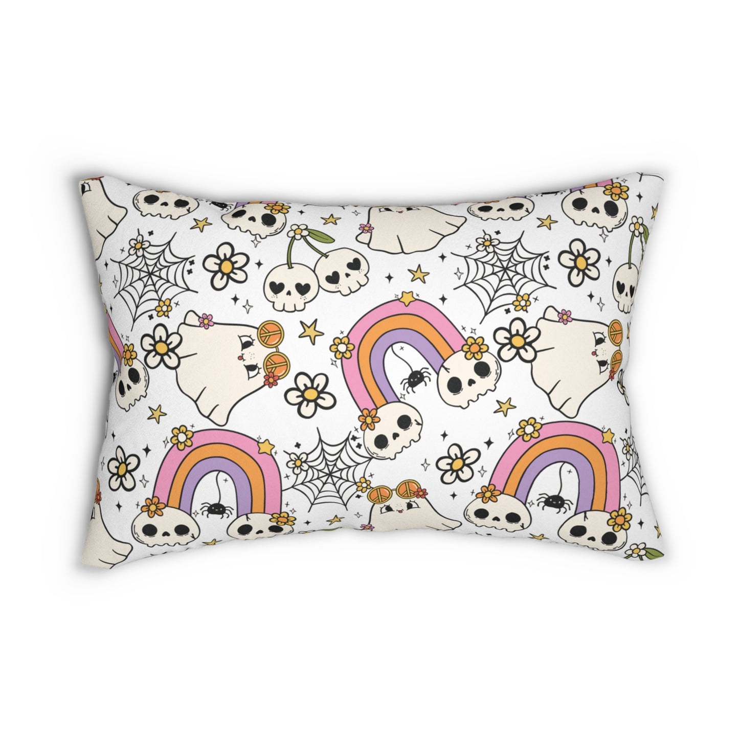 Cute Ghost and Pastel Skulls Lumbar Pillow, Halloween Decorative Cushion, Spooky Home Decor, Halloween Gift, Witchy Sofa Pillow