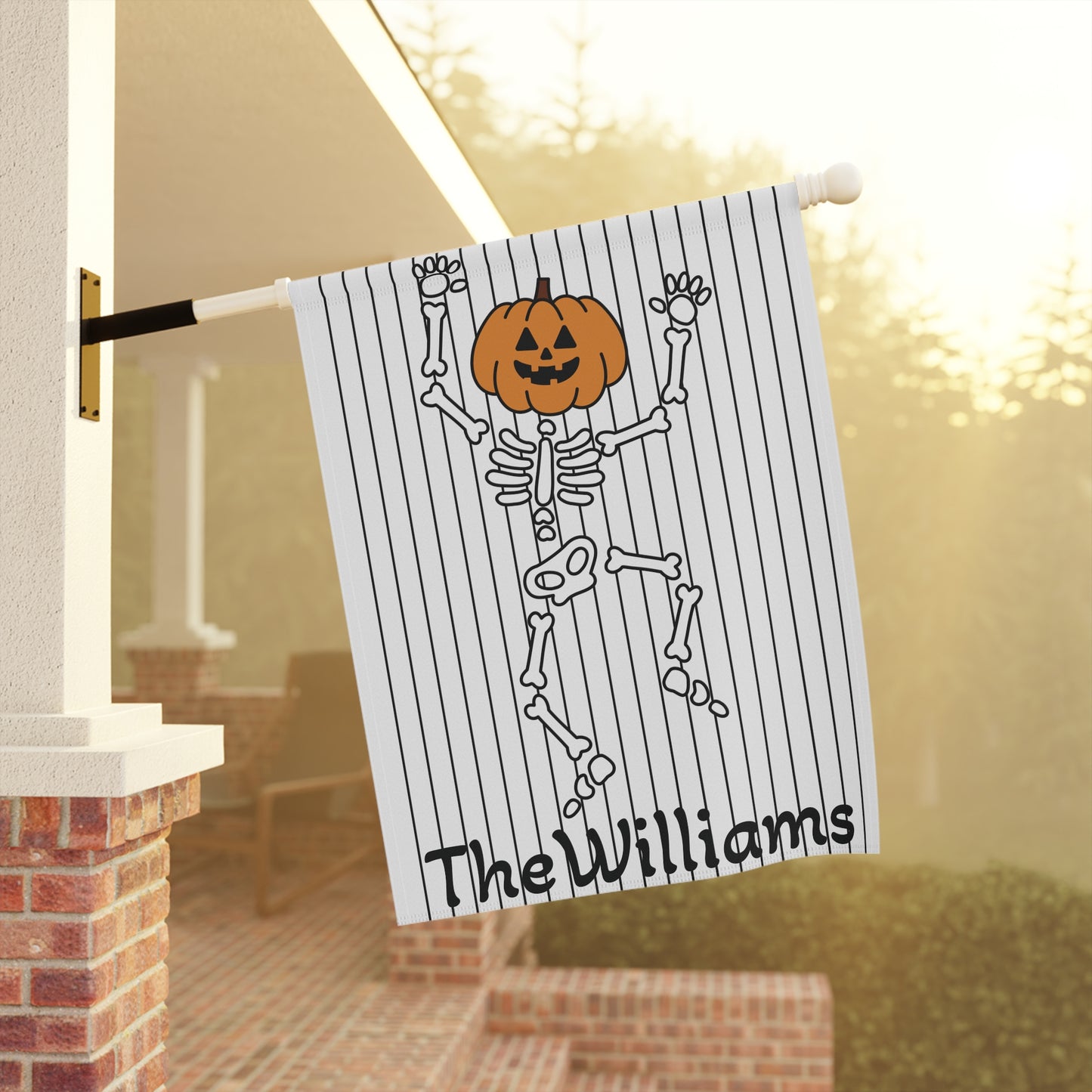 Halloween Garden Banner, Cute Dancing Skeleton Personalized with Last Name, Halloween Decor, Outdoor Flag, Housewarming Gift, Fall Garden