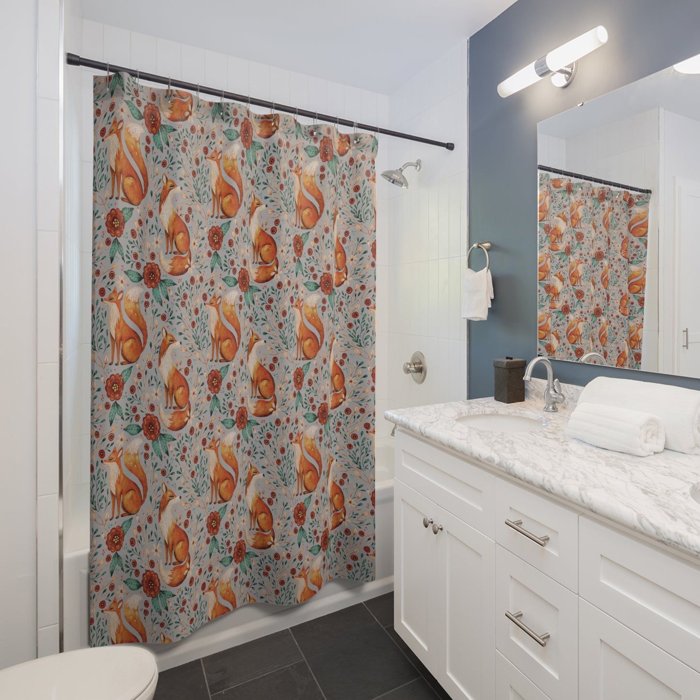 Whimsical Fox Shower Curtain - Nature-Inspired Bathroom Decor - Light Grey