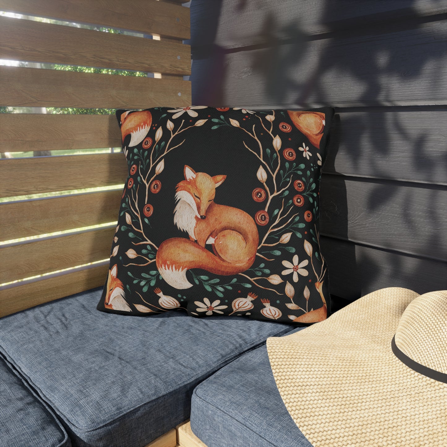 Outdoor/Indoor Pillow: Sleeping Fox with Plaid Print