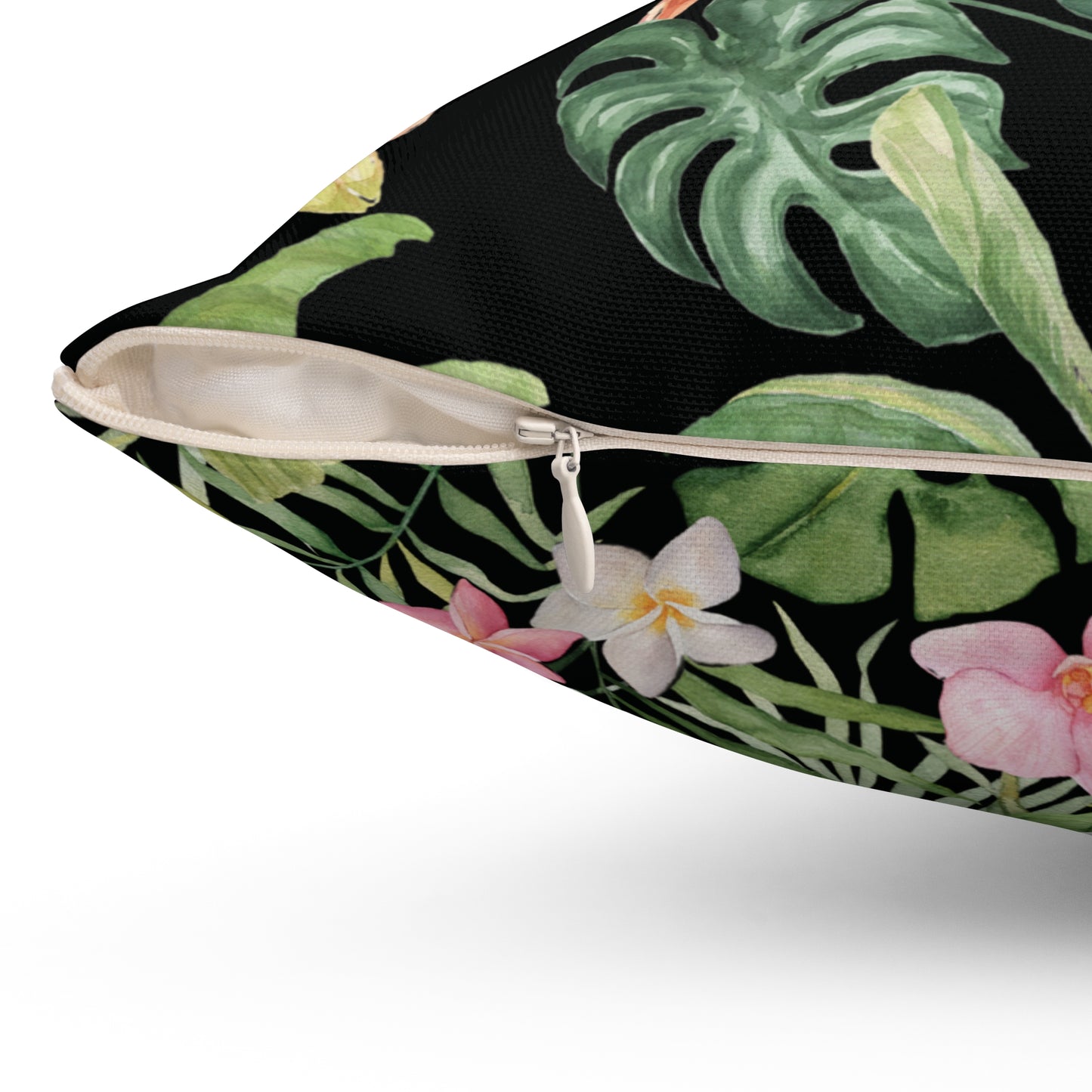Midnight Orchid Luxe Throw Accent Pillow – Black with Coral Blossoms & Tropical Foliage