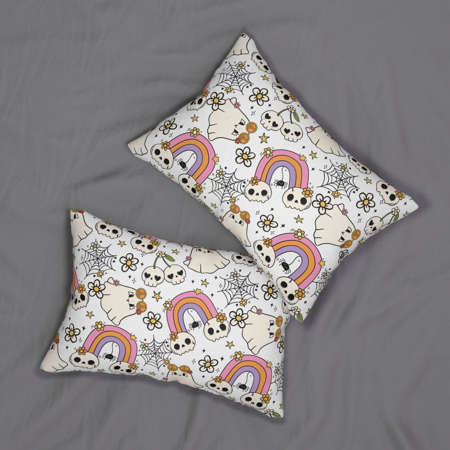 Cute Ghost and Pastel Skulls Lumbar Pillow, Halloween Decorative Cushion, Spooky Home Decor, Halloween Gift, Witchy Sofa Pillow