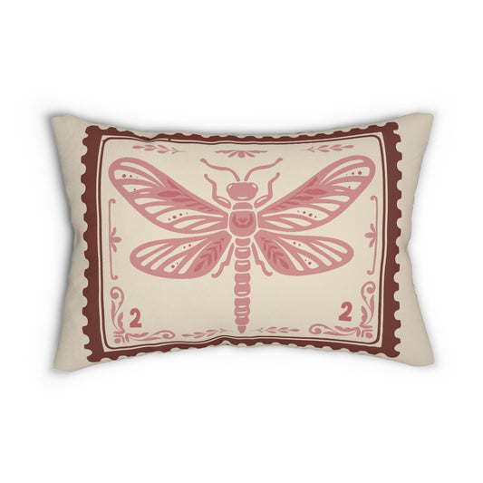 Vintage Burgundy and Blush Dragonfly & Floral Pattern Lumbar Pillow – Rustic Boho