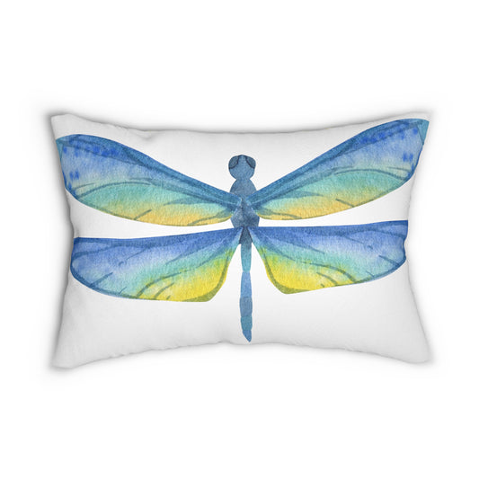 Colorful Blue and Yellow Dragonfly Lumbar Pillow - Boho Decor, Watercolor Art Pillow, Cushion for Living Room, Gifts for Nature Lovers, Bright Home Textile