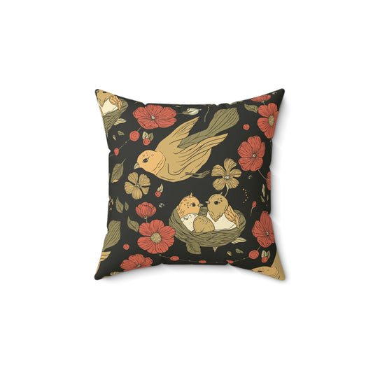 Throw Pillow Flying Sparrow with Nesting Twins Boho Floral Square Pillow, Cozy Home Decor, Gift for Friends, Couch Cushion, Nature-Inspired Accent, Living Room Comfort