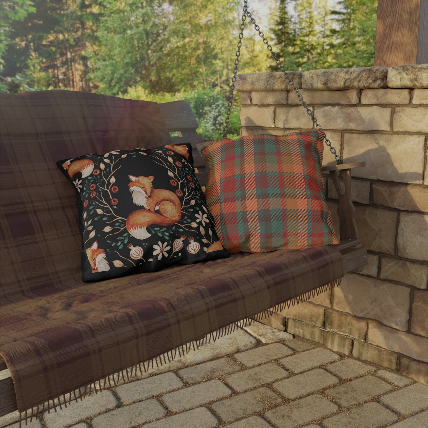 Outdoor/Indoor Pillow: Sleeping Fox with Plaid Print