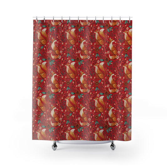 Whimsical Fox Shower Curtain - Nature-Inspired Bathroom Decor - Deep Red