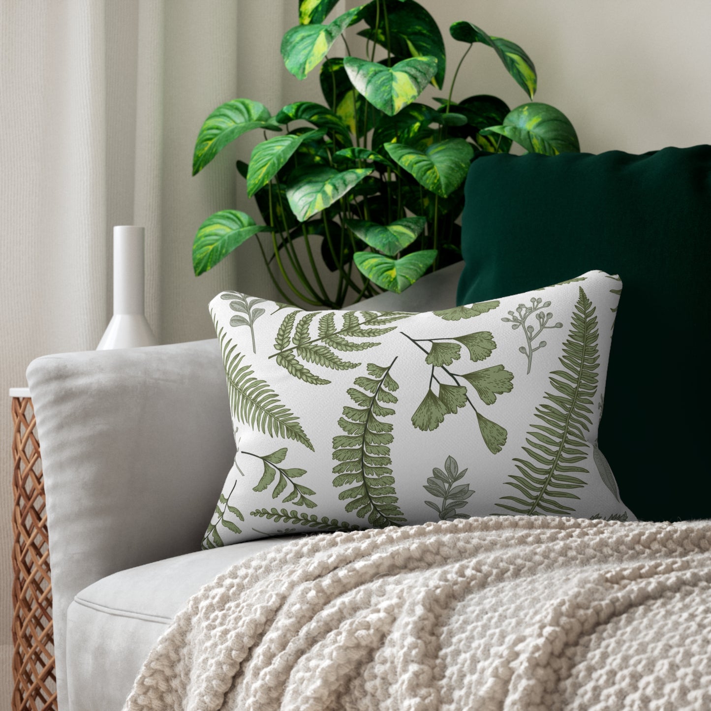 Botanical Lumbar Pillow - Fern & Damask Designs, Cozy Decor for Living Room, Green Accent Cushion for Home, Perfect Gift for Nature Lovers