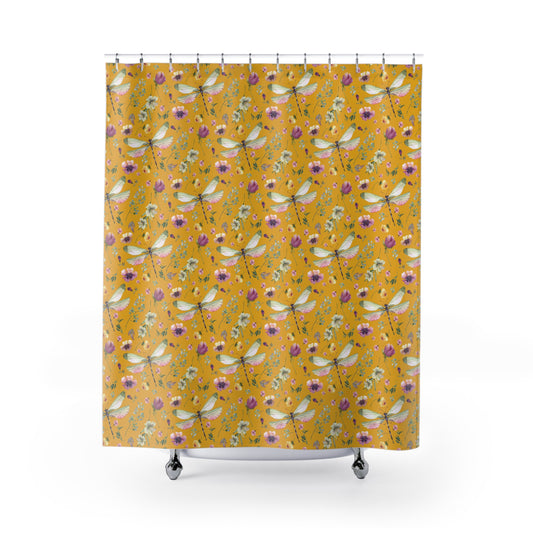 Floral Dragonfly Shower Curtain - Nature-Inspired Bathroom Decor - Yellow