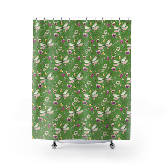 Floral Dragonfly Shower Curtain - Nature-Inspired Bathroom Decor - Thyme Green
