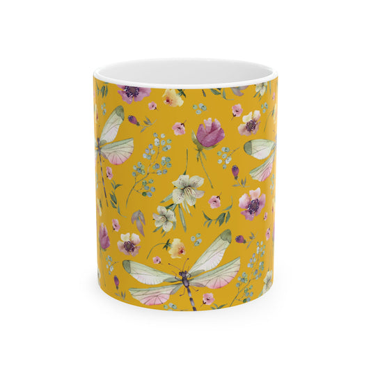 Whimsy in Bloom – Dragonflies & Floral Elegance ,Mug, Ceramic - Yellow