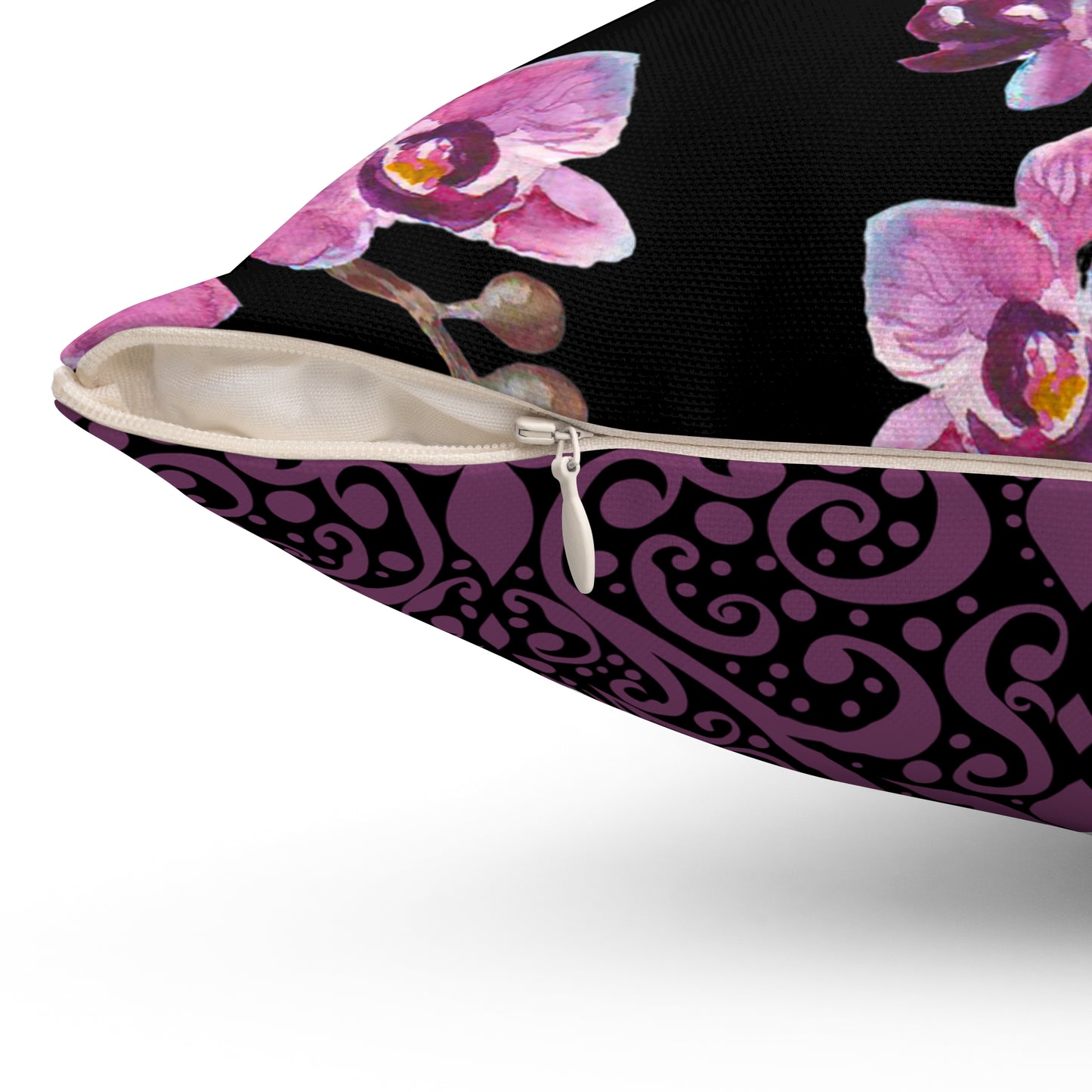 Velvet Orchid Reverie Throw Pillow – Vibrant Purple & Mauve Blossoms on Black & Damask Square Accent Throw Pillow, Home Decor Accent, Gift for Her, Cozy Living Room, Throw Pillow, Modern Couch Cushion