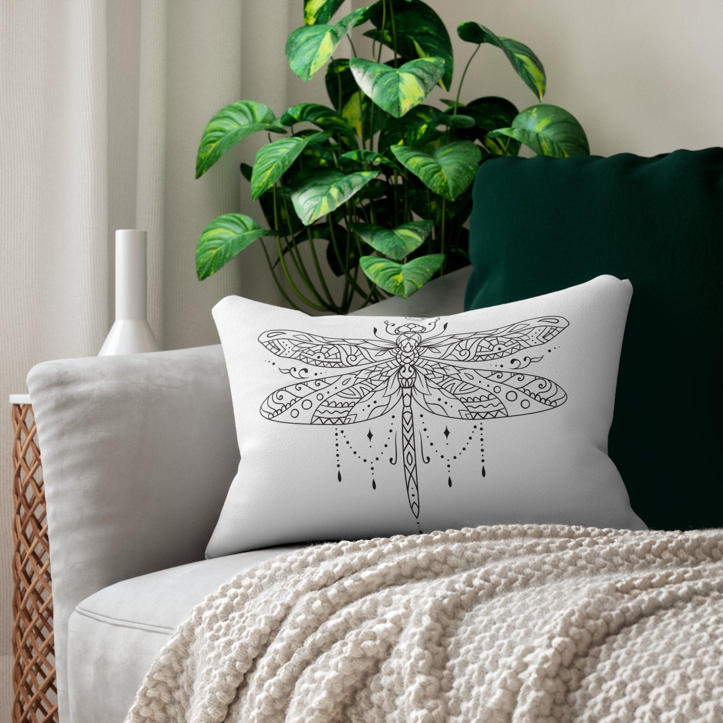 Bohemian Black and White Dragonfly Lumbar Pillow, Cozy Decor, Nature-inspired Gift, Home Accent, Summer Vibes, Relaxing Accent Pillow