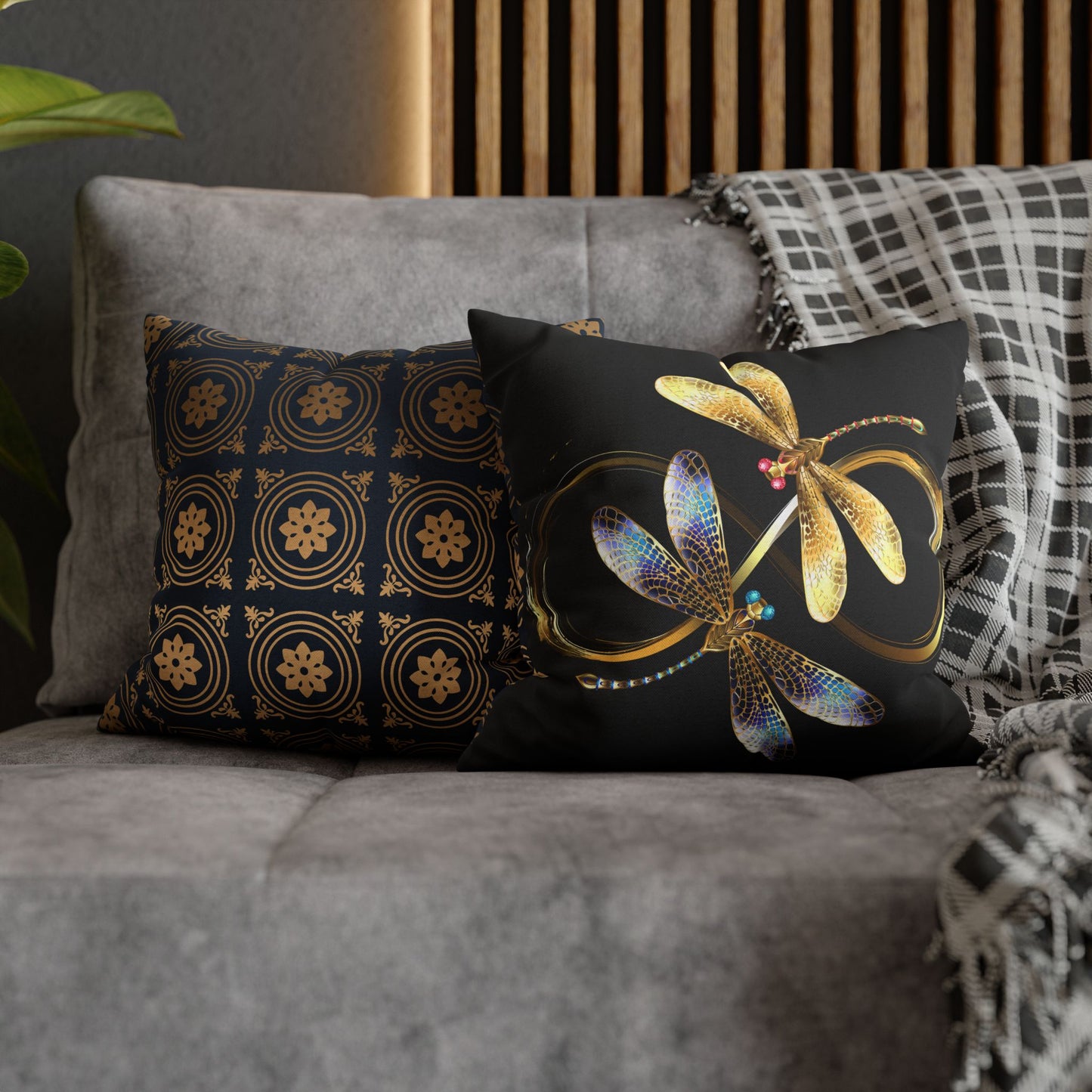 Elegant Black and Gold Blue Touched  Dragonfly Pillowcase, Home Decor, Gift for Nature Lovers, Decorative Cushion Cover, Insect Art for Bedrooms