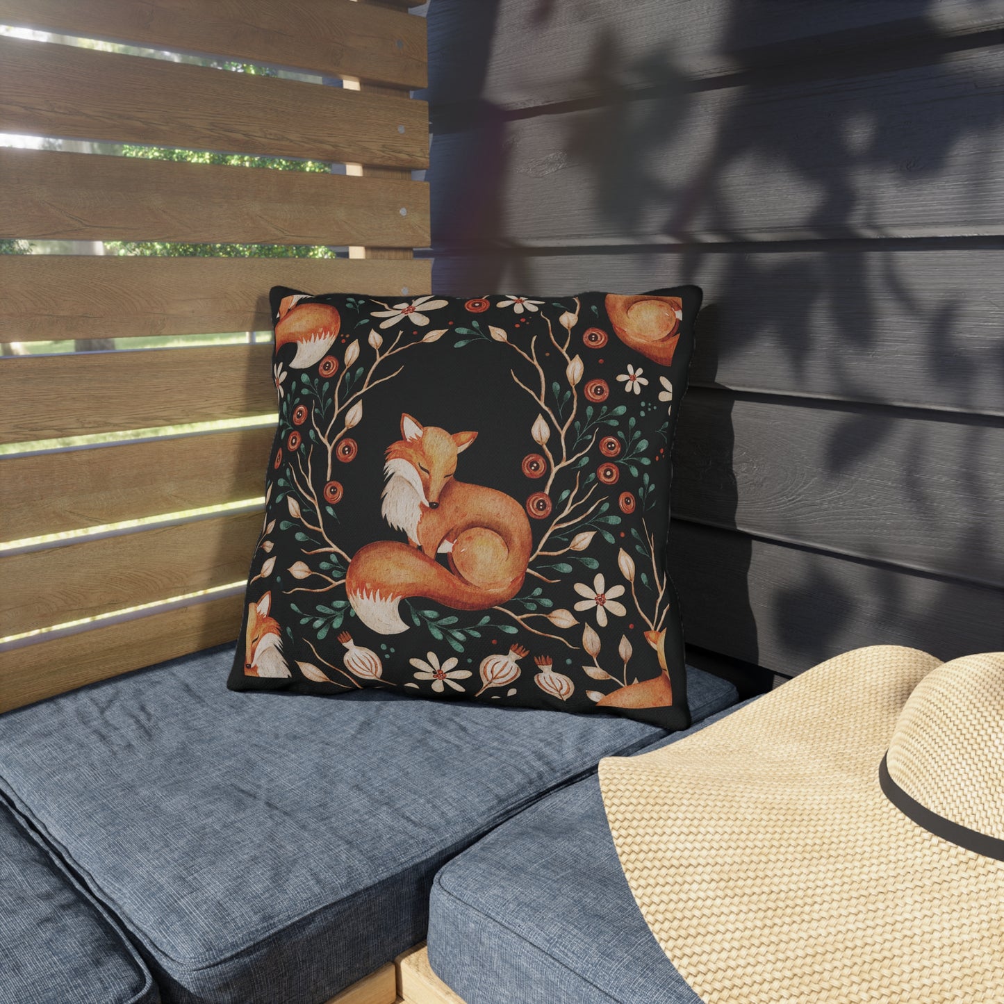 Outdoor/Indoor Pillow: Sleeping Fox with Plaid Print