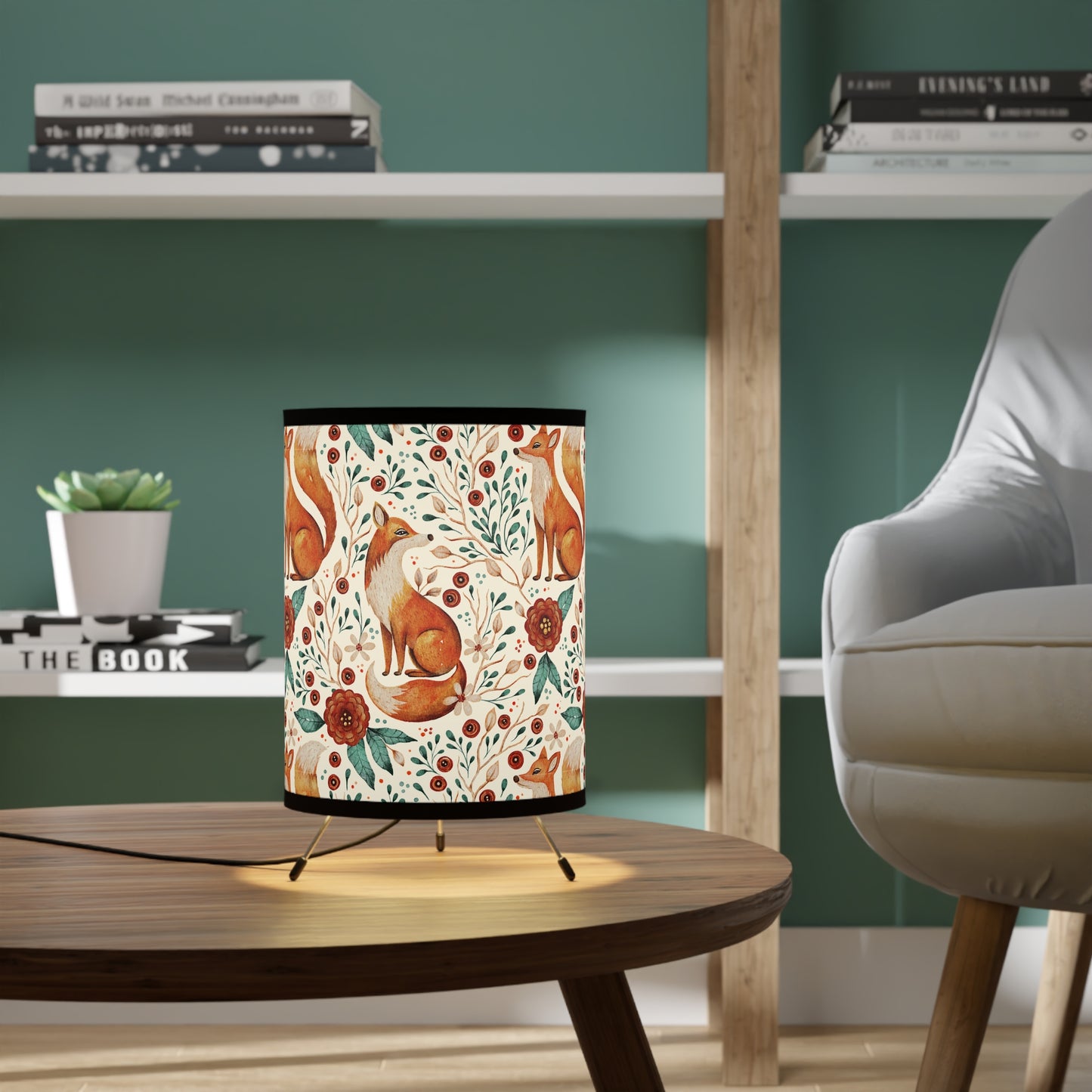 Whimsical Fox Tripod Lamp - High-Res Printed Shade for Cozy Decor - White