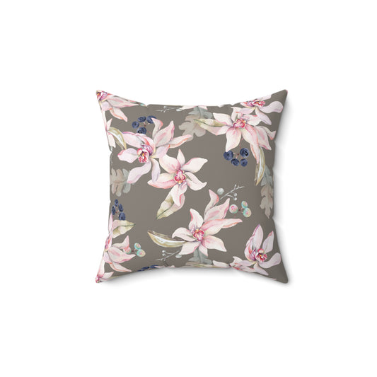 Orchid Bloom Reversible Throw Pillow – Gray & Pink with Royal Pattern Back
