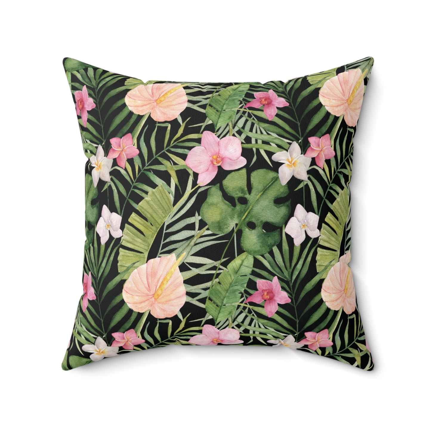 Midnight Orchid Luxe Throw Accent Pillow – Black with Coral Blossoms & Tropical Foliage