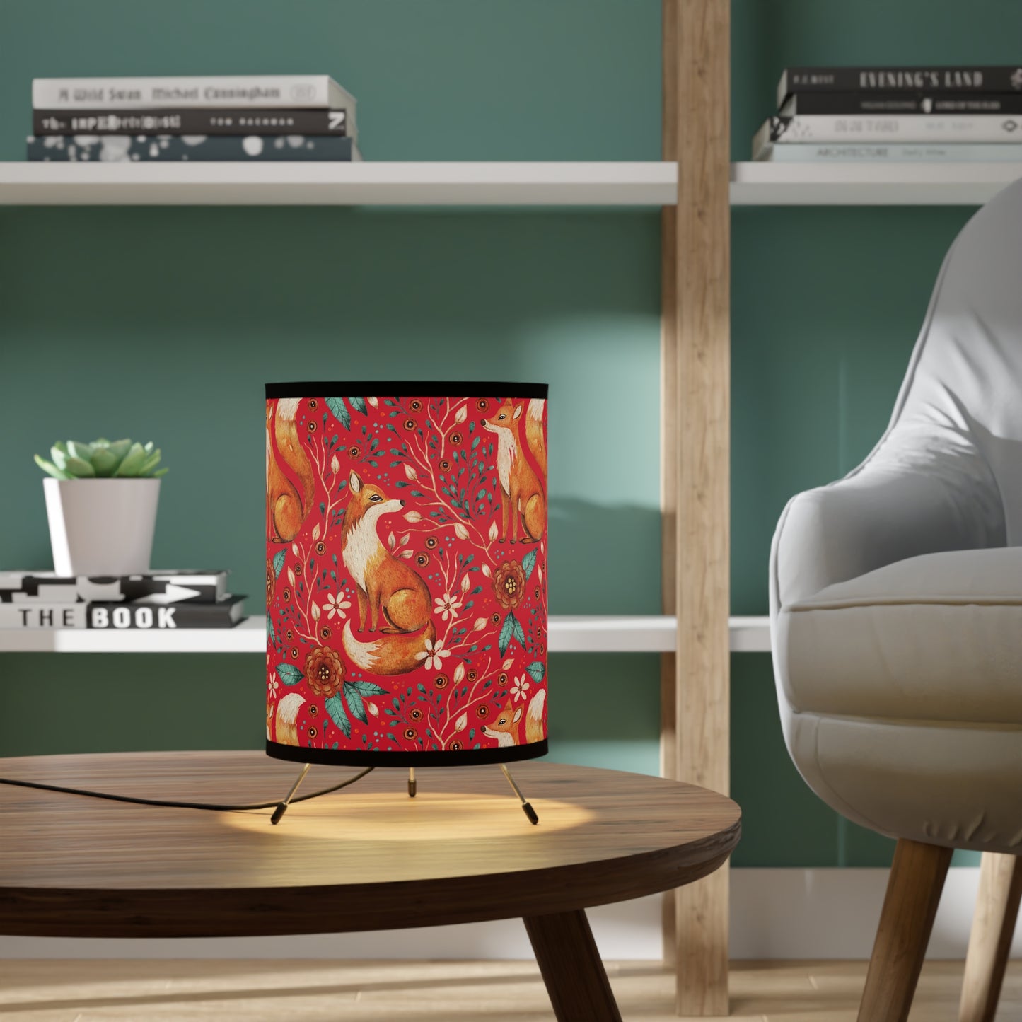 Whimsical Fox Tripod Lamp - High-Res Printed Shade for Cozy Decor - Deep Red