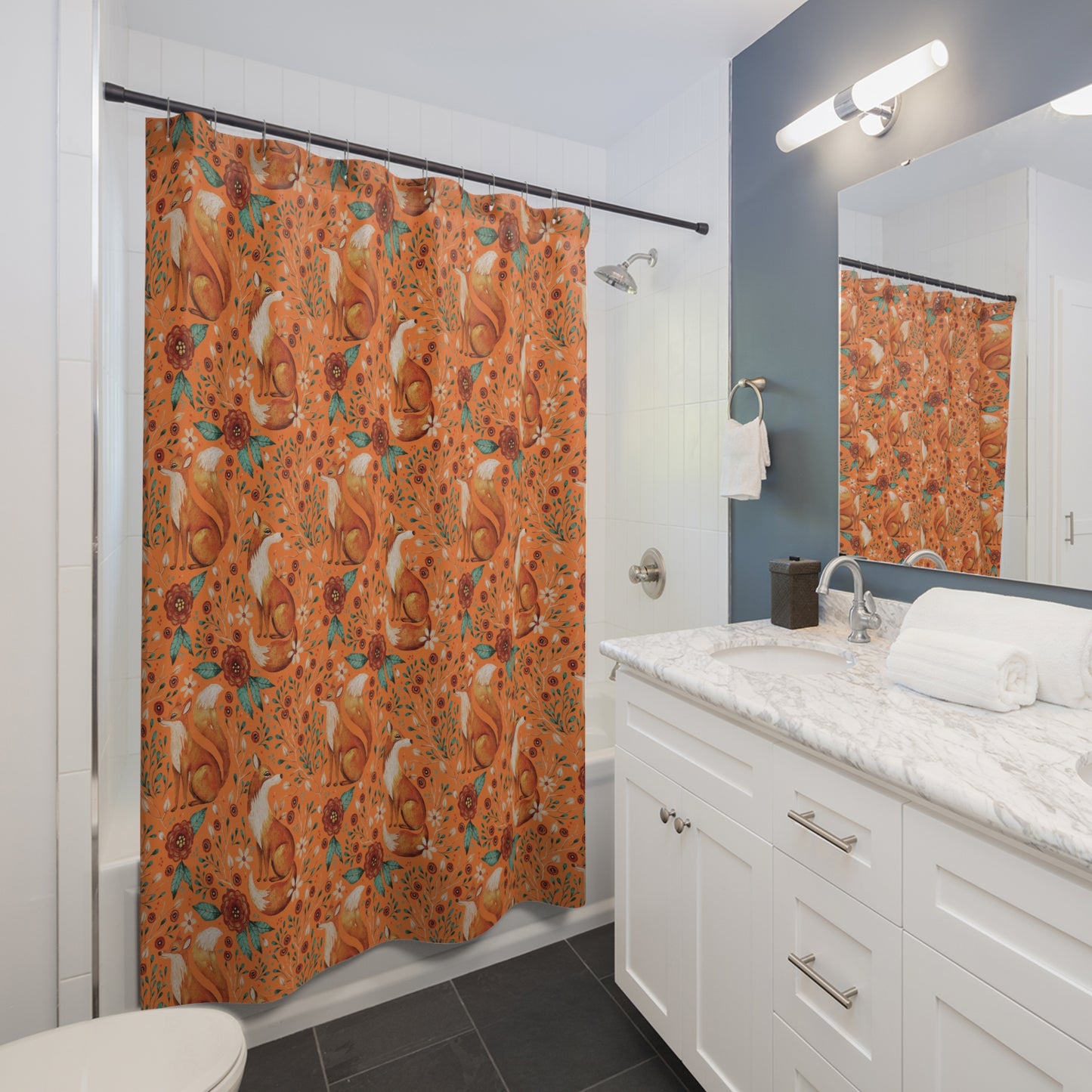 Whimsical Fox Shower Curtain - Nature-Inspired Bathroom Decor - Sunset Orange