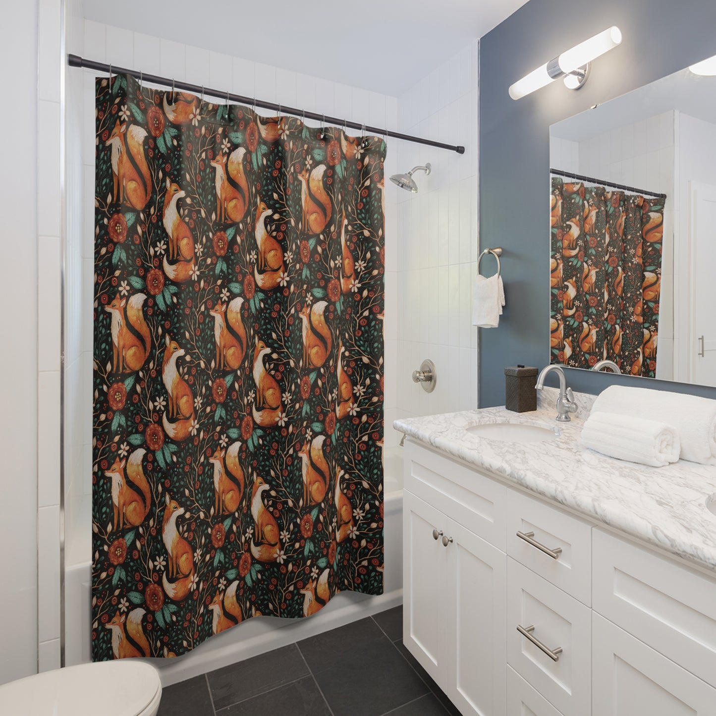 Whimsical Fox Shower Curtain - Nature-Inspired Bathroom Decor - Black