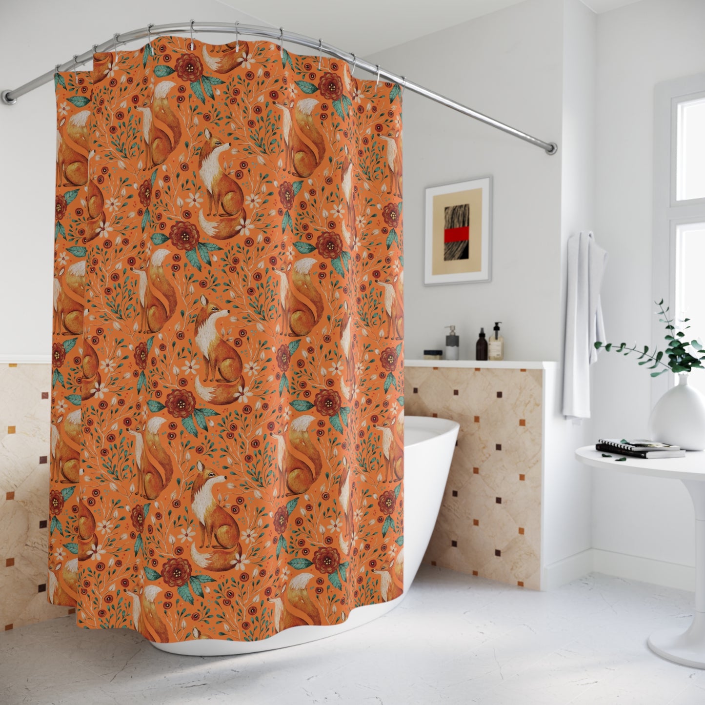 Whimsical Fox Shower Curtain - Nature-Inspired Bathroom Decor - Sunset Orange