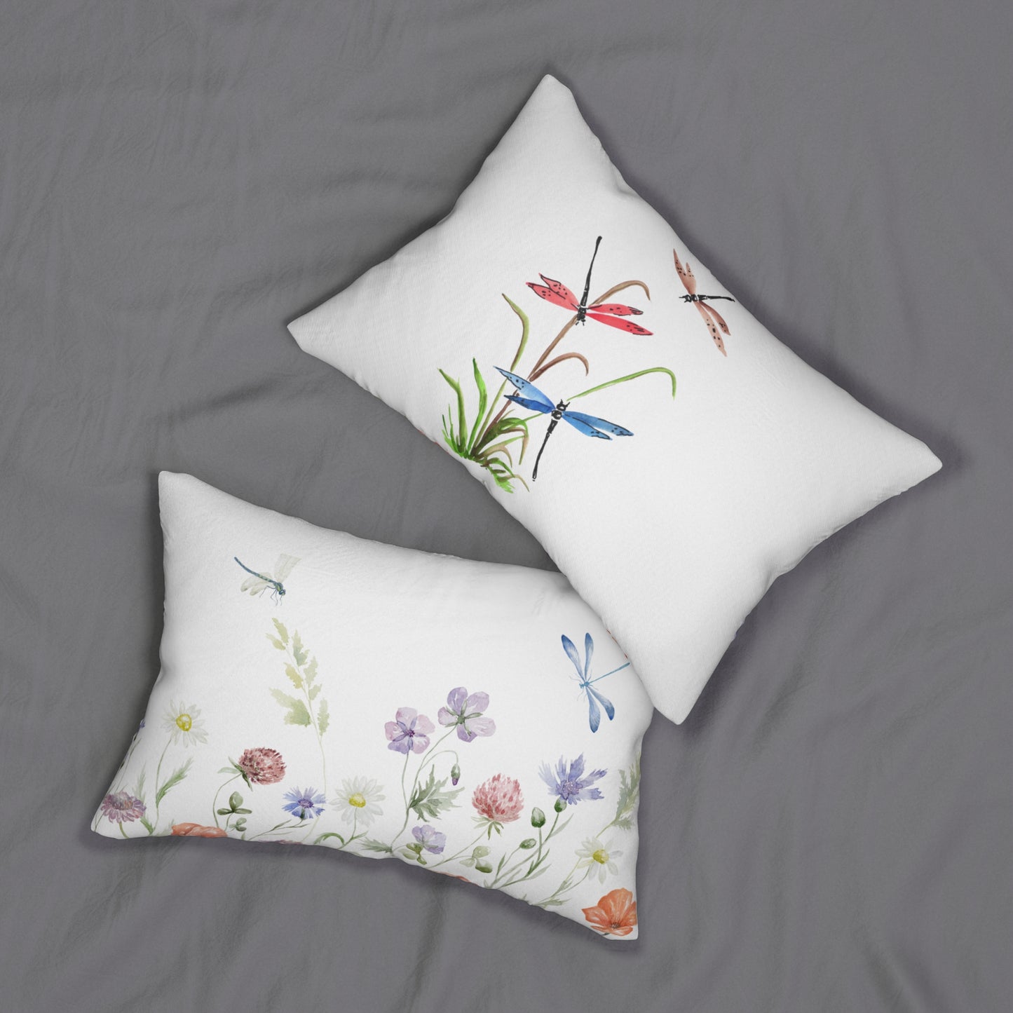 Botanical Lumbar Pillow with Dragonflies and Wildflowers, Decorative Pillow, Home Decor, Gift for Garden Lovers, Spring Accent Cushion