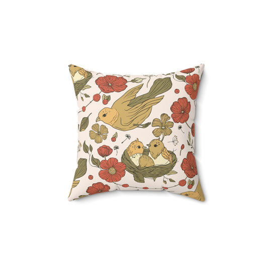Flying Sparrow with twins Nature-Inspired Decorative Pillow with Floral Design, Home Decor, Gift for Bird Lovers, Cozy Throw Pillow, Boho Accent Cushion