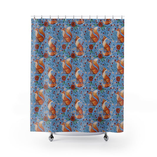 Whimsical Fox Shower Curtain - Nature-Inspired Bathroom Decor - Blue