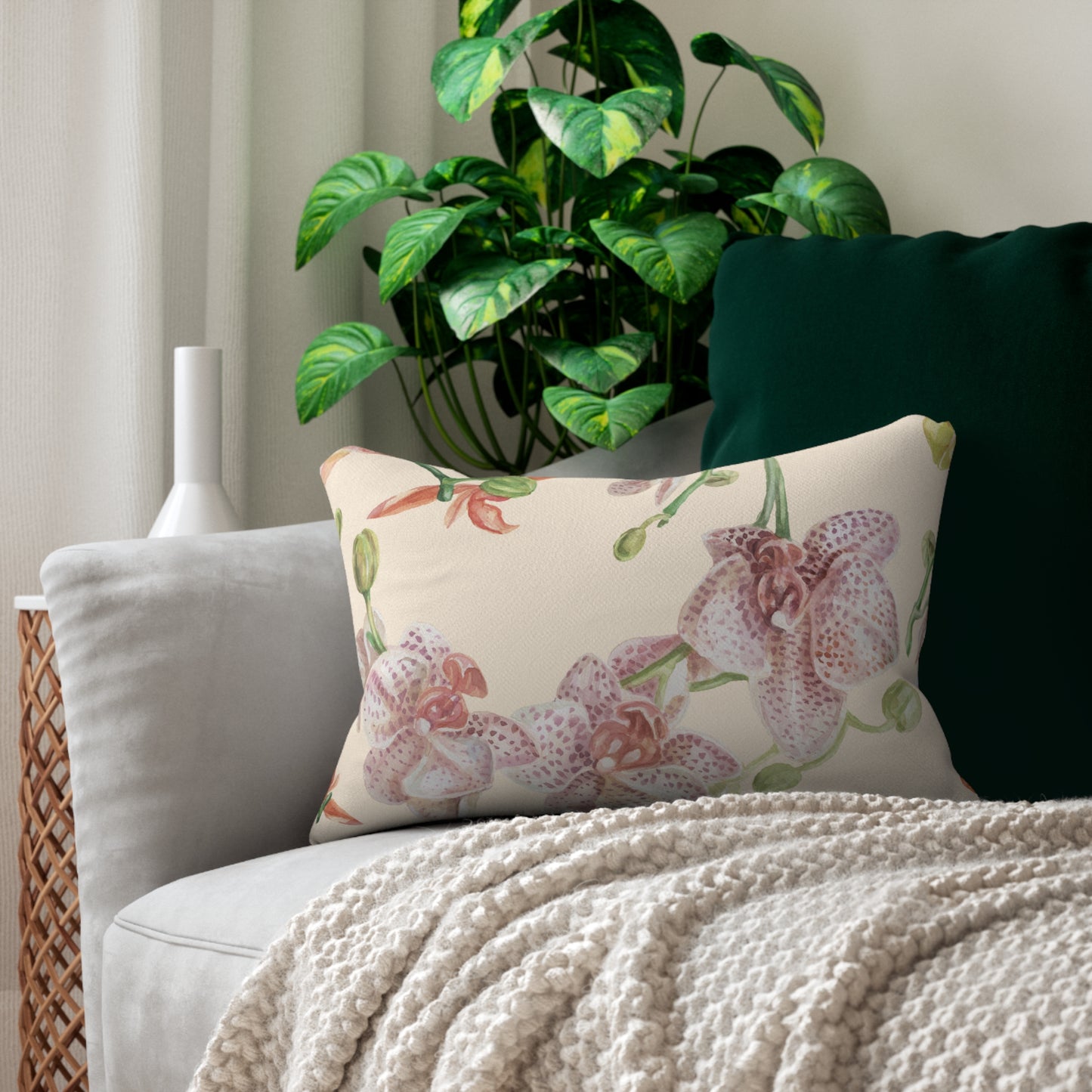 Elegant Orchid Creamy Background Floral Lumbar Pillow, Home Decor, Couch Cushion, Floral Accent, Botanical Pillow, Gift for Her, Spring Decor