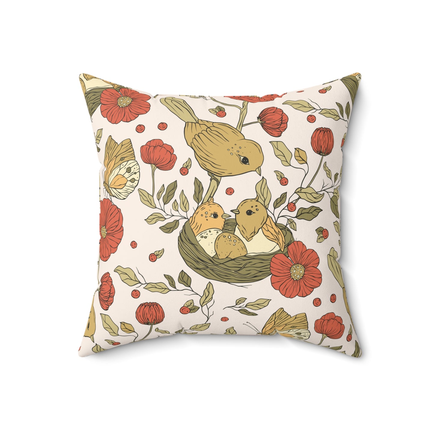 Throw Pillow Mother Sparrow and Nesting Twins Chic Decorative Pillow, Cozy Home Decor, Bird and Floral Cushion, Nature-Inspired Accent, Perfect Gift for Any Occasion