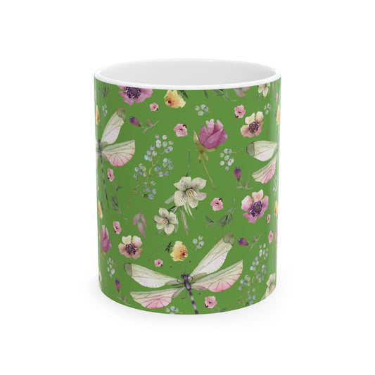 Whimsy in Bloom – Dragonflies & Floral Elegance ,Mug, Ceramic - Green