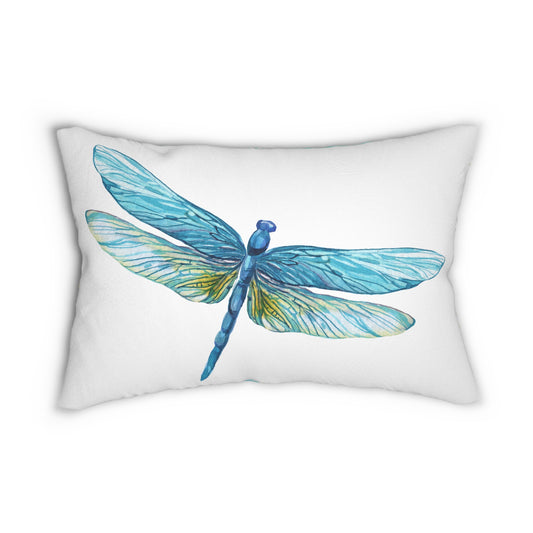Decorative Blue Turquoise Dragonfly Lumbar Pillow with Watercolor Designs, Cozy Home Decor, Gift for Nature Lovers, Living Room Accent, Dragonfly & Abstract Art
