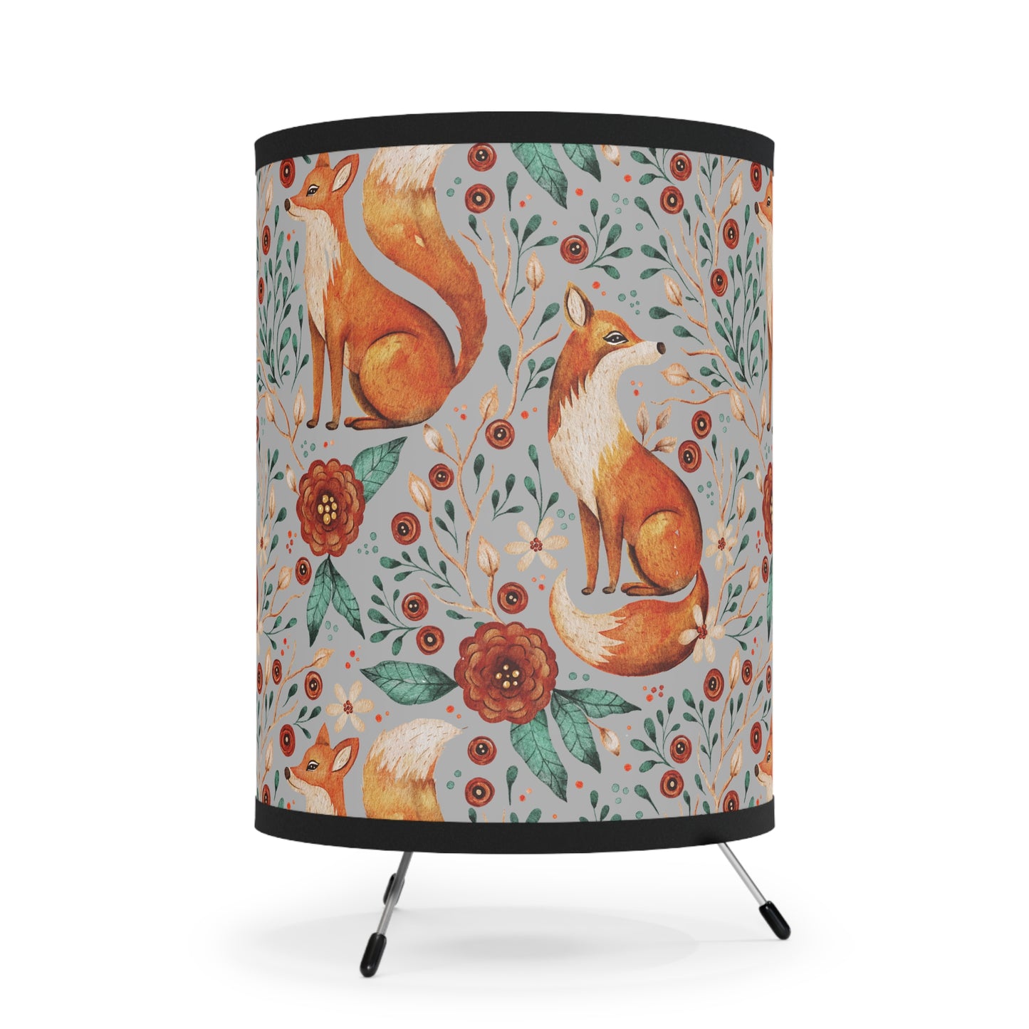 Whimsical Fox Tripod Lamp - High-Res Printed Shade for Cozy Decor - Light Grey