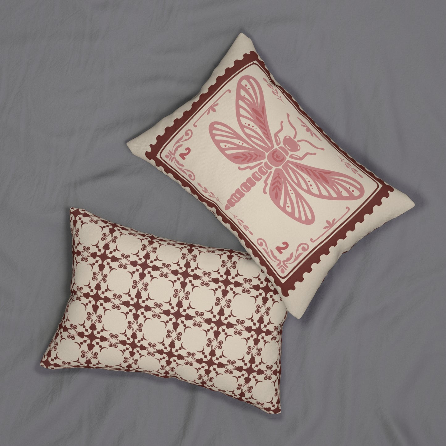 Vintage Burgundy and Blush Dragonfly & Floral Pattern Lumbar Pillow – Rustic Boho
