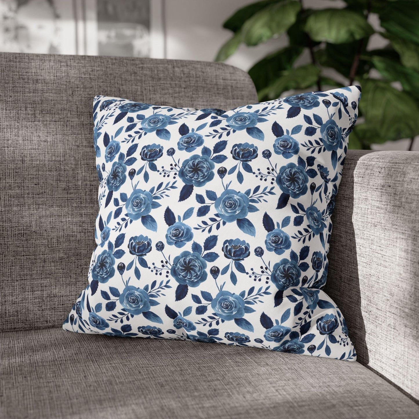 Floral Blue Canvas Pillowcase, Decorative Cushion Cover for Home Decor, Gifts for Her, Throw Pillow Cover, Cozy Living Room Accent