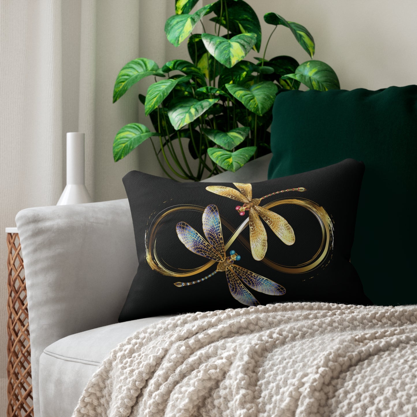 Luxurious Gold and Blue Dragonfly Lumbar Pillow - Elegant Home Decor, Gift for Nature Lovers, Boho Style, Cozy Living Room Accent, Unique [...]