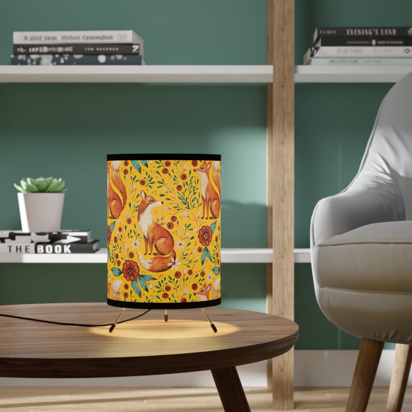 Whimsical Fox Tripod Lamp - High-Res Printed Shade for Cozy Decor - Yellow