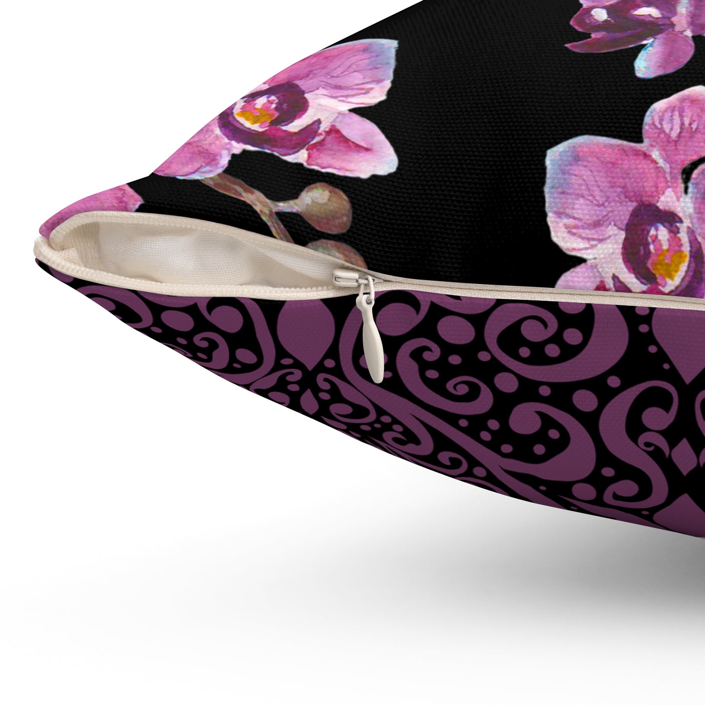 Velvet Orchid Reverie Throw Pillow – Vibrant Purple & Mauve Blossoms on Black & Damask Square Accent Throw Pillow, Home Decor Accent, Gift for Her, Cozy Living Room, Throw Pillow, Modern Couch Cushion