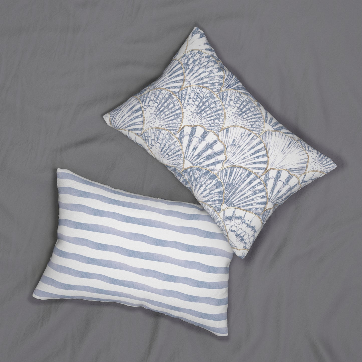 Coastal Chic Mystic Blue Seashells with Gold Lumbar Pillow | Beach Decor, Nautical Home Accents, Relaxing Vibes, Living Room Comfort, Gift for Sea Lovers