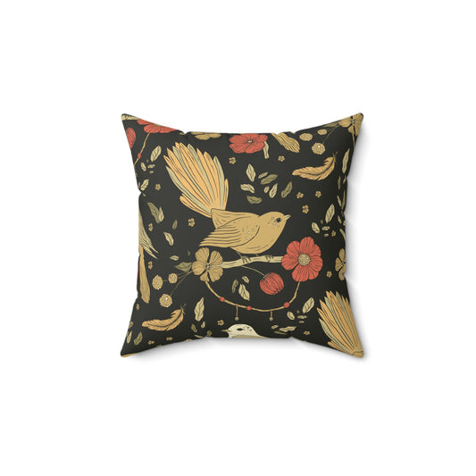 Throw Pillow Songbird and Floral Boho Floral & Geometric Spun Polyester Pillow | Cozy Home Decor, Unique Gift, Decorative Cushion, Modern Accent, Bird Print