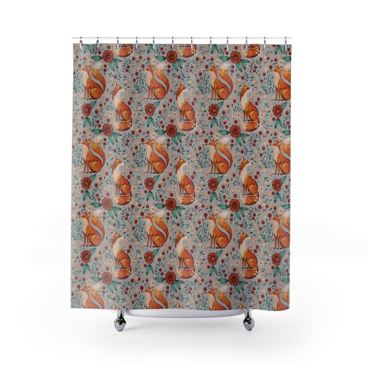 Whimsical Fox Shower Curtain - Nature-Inspired Bathroom Decor - Light Grey