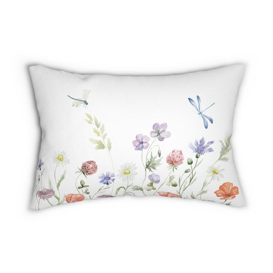 Colorful Soft Pastel Floral and Dragonfly Lumbar Pillow, Decorative Throw Pillow, Cozy Home Accent, Gift for Garden Lovers, Spring Decor, Unique Couch Pillow