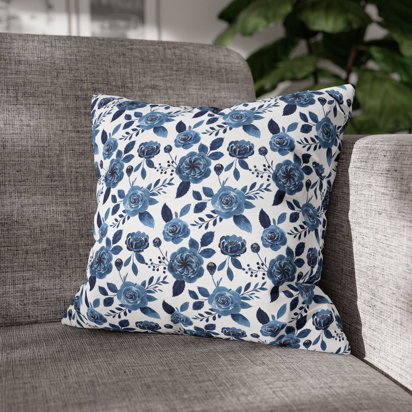 Floral Blue Canvas Pillowcase, Decorative Cushion Cover for Home Decor, Gifts for Her, Throw Pillow Cover, Cozy Living Room Accent