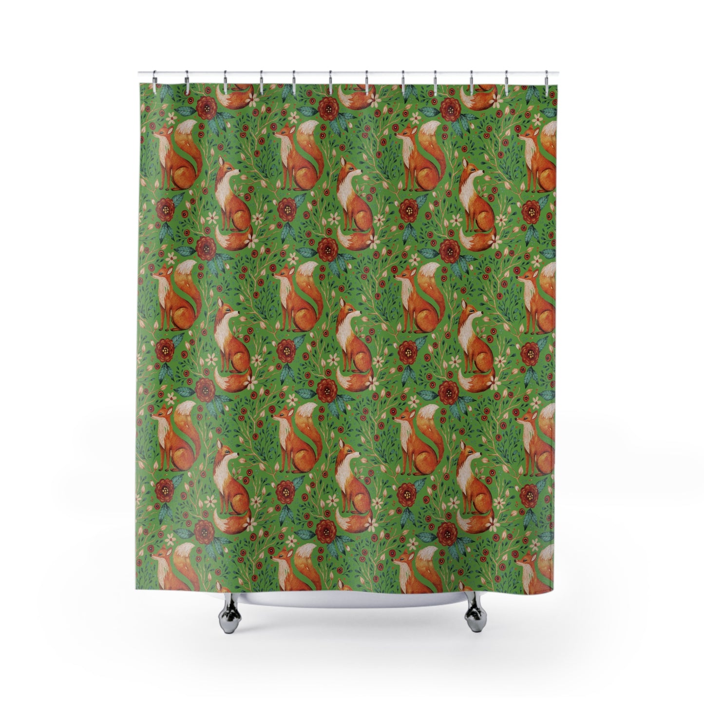 Whimsical Fox Shower Curtain - Nature-Inspired Bathroom Decor - Thyme Green