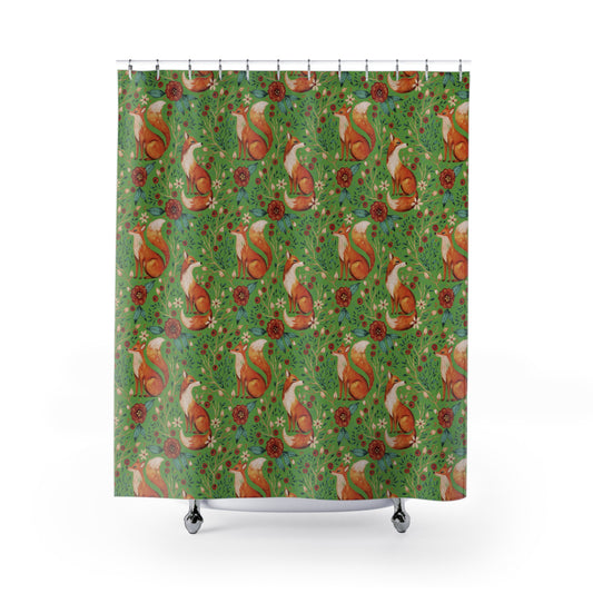 Whimsical Fox Shower Curtain - Nature-Inspired Bathroom Decor - Thyme Green
